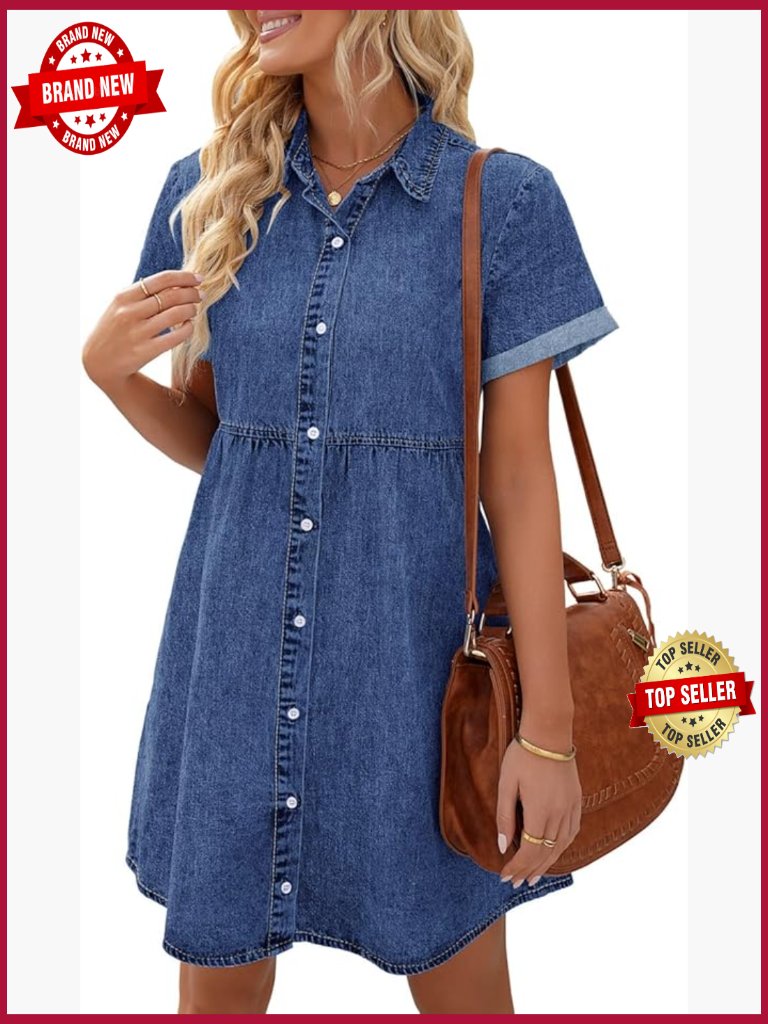 Short Sleeve Button Down Tiered Babydoll Denim Dress